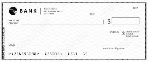 Bank check, vector blank money cheque, checkbook template with guilloche pattern and fields. Currency payment coupon, money check background