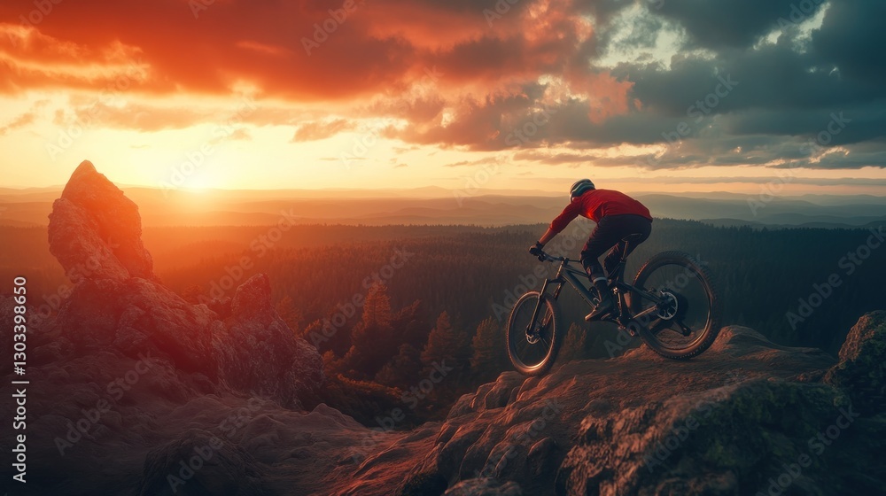 Obraz premium Sunset Mountain Biking Adventure: A Thrilling Descent