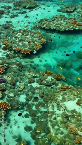 4K Aerial Footage of Vibrant Coral Reef Underwater with Marine Life, Clear Blue Ocean, Tropical Ecosystem