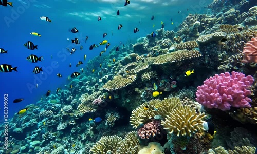 4K Aerial Footage of Vibrant Coral Reef Underwater with Marine Life, Clear Blue Ocean, Tropical Ecosystem