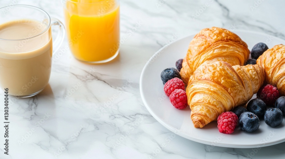 Flaky croissants rest on a white plate with fresh blueberries and raspberries, paired with steaming coffee and orange juice for a perfect breakfast moment Flaky croissants rest on a white plate with fresh blueberries and raspberries, paired with steaming coffee and orange juice for a perfect breakfast moment