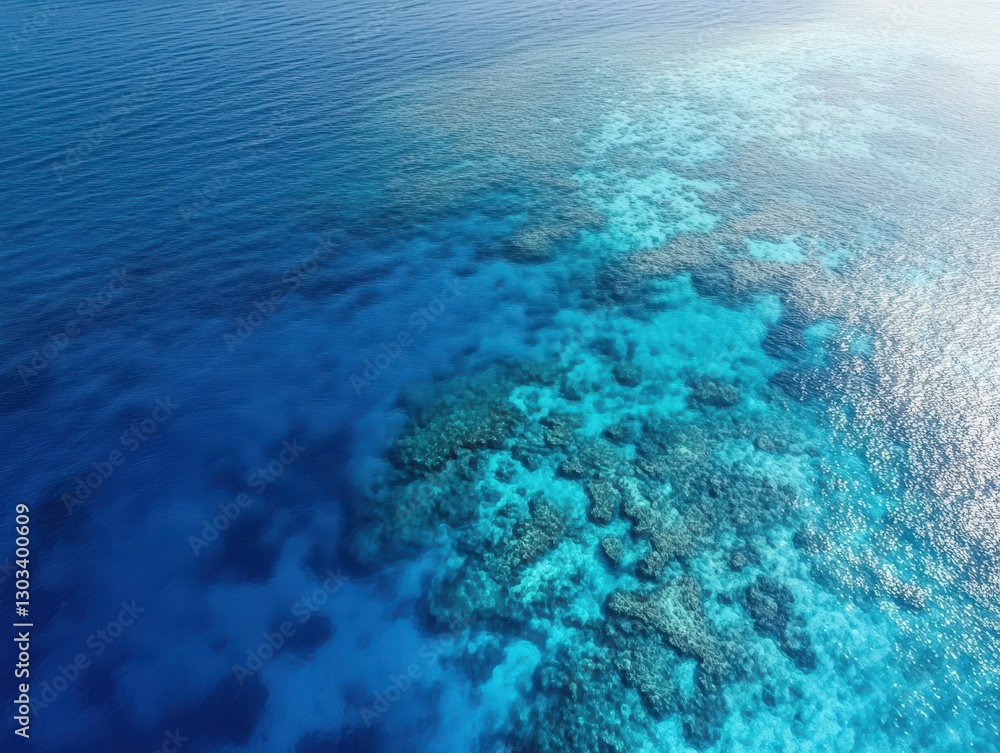 Aerial View of Vibrant Blue Ocean with Coral Reefs and Sunlight Dancing on the Water Surface in Tropical Paradise Setting Aerial View of Vibrant Blue Ocean with Coral Reefs and Sunlight Dancing on the Water Surface in Tropical Paradise Setting