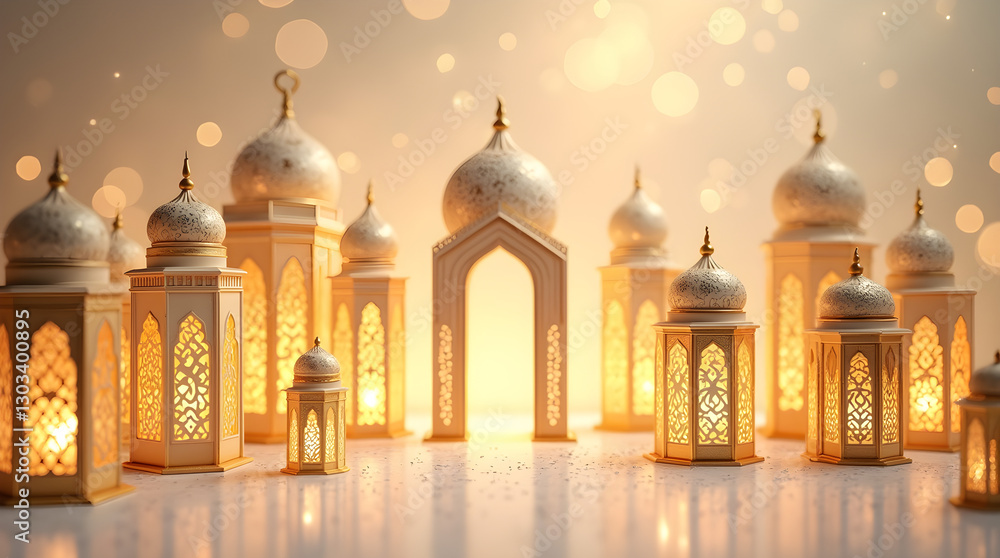 Fototapeta premium Warm Golden Islamic Lanterns Archway Ramadan Eid Festive Decorations