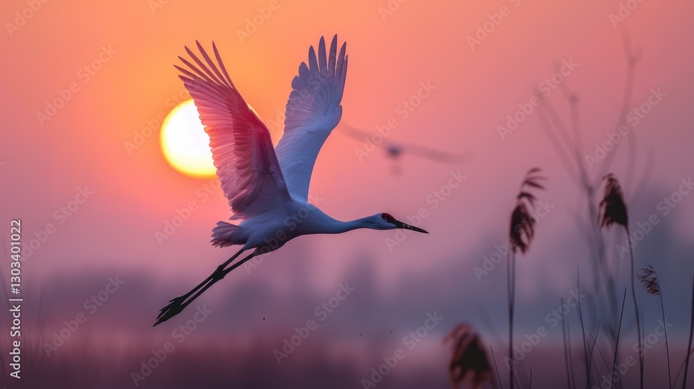 Obraz premium A heron gracefully soars against a vibrant sunset sky over a serene wetland, capturing the essence of peace and natural beauty.