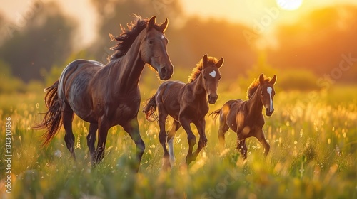 A majestic horse and two foals galloping in a sunlit meadow during sunset, capturing the essence of wild beauty and nature's freedom.