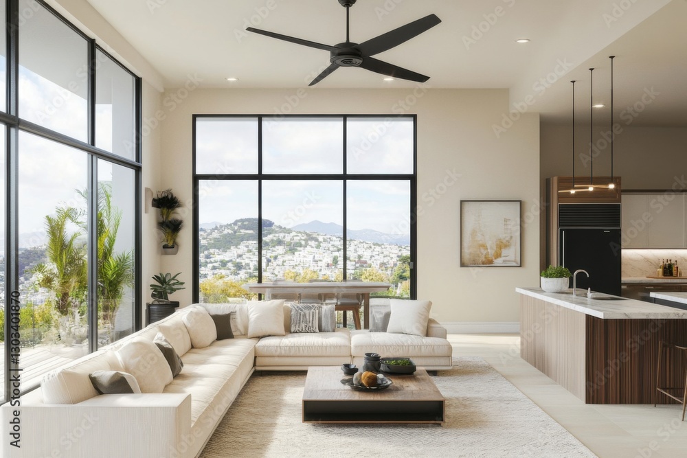 Fototapeta premium A spacious living room with a white sofa, wooden coffee table, and chairs near a large window overlooking a cityscape view