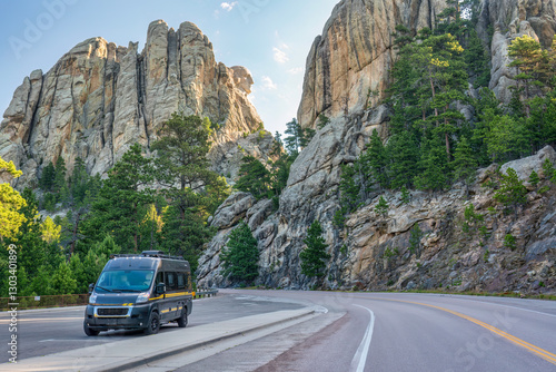 Early morning at backside of Mount Rushmore with George Washington and Class B RV van