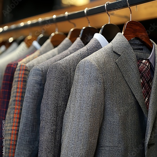 Men's suits on hangers in store