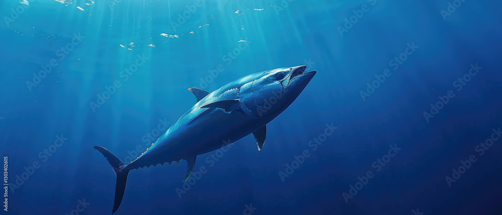 Fototapeta premium A majestic tuna swims gracefully through the deep blue ocean, illuminated by sunlight filtering through the water's surface.