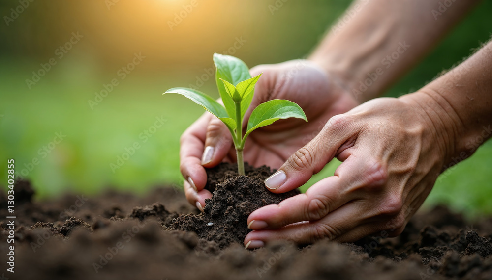 Hands covering seeds with soil, representing planting and nurturing young plants in a garden Hands covering seeds with soil, representing planting and nurturing young plants in a garden