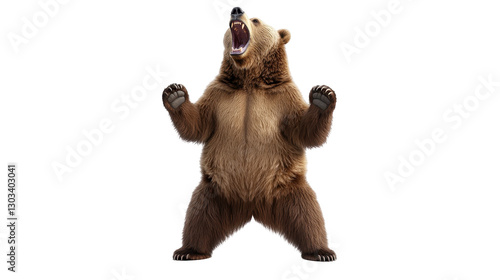 Roaring Grizzly: A powerful grizzly bear stands upright, roaring with its mouth wide open, capturing a moment of untamed wilderness and raw animal behavior.