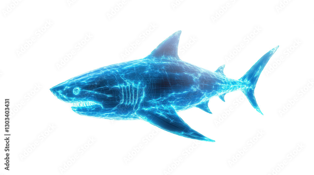 Fototapeta premium Digital Shark: A futuristic digital illustration of a shark rendered in cool blue tones, creating a high-tech and somewhat surreal oceanic scene.