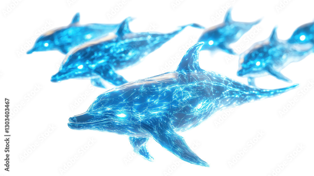 Obraz premium Marine Symphony: A stylized and radiant display of dolphins swimming in a light-filled setting