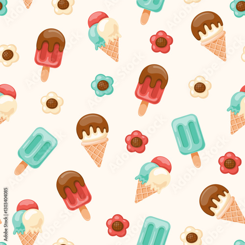 Seamless pattern of delicious Ice creams in various flavours. Cute and bright pattern. Pattern for fabric and wrapping paper. Pattern for design wallpaper and fashion prints.