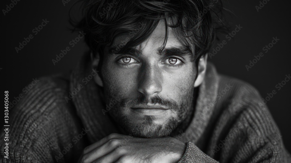 Monochromatic Portrait: A Striking Black and White Image of a Man with Intense Eyes and a Thoughtful Expression Monochromatic Portrait: A Striking Black and White Image of a Man with Intense Eyes and a Thoughtful Expression