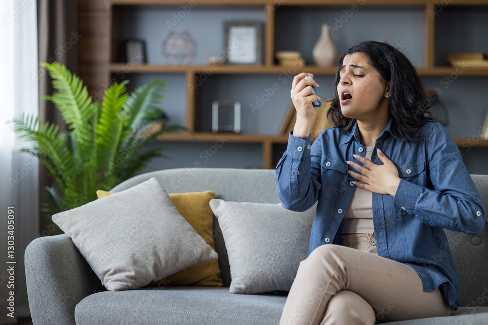 A young woman uses an inhaler for her asthma while sitting on the sofa, experiencing an attack. A young woman uses an inhaler for her asthma while sitting on the sofa, experiencing an attack.