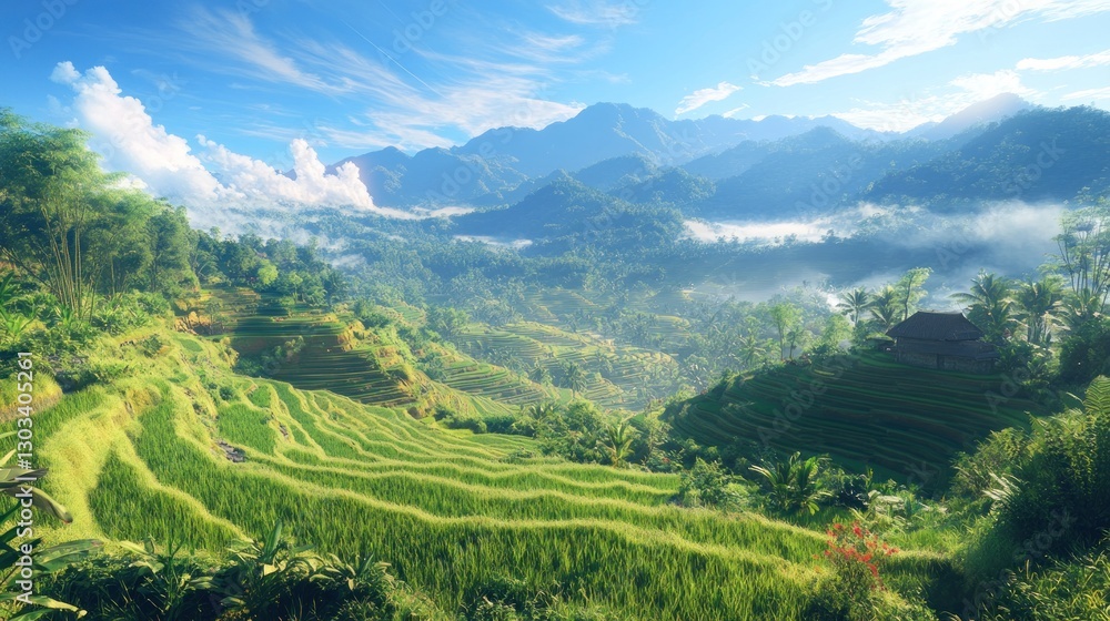 Naklejka premium Lush terraced rice paddies in misty mountains