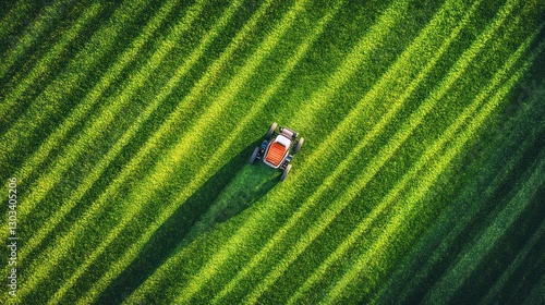 Aerial View of a Lawn Mower Creating Striped Patterns on a Lush Green Lawn