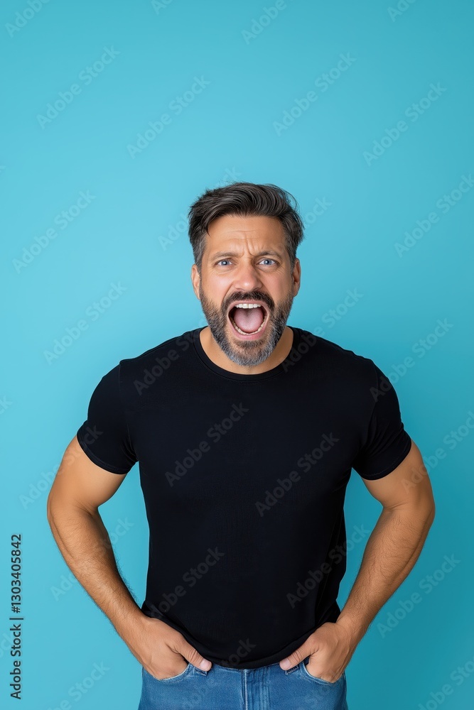 Man expressing intense anger in a studio with a solid blue background showcasing full stature and powerful emotions Man expressing intense anger in a studio with a solid blue background showcasing full stature and powerful emotions