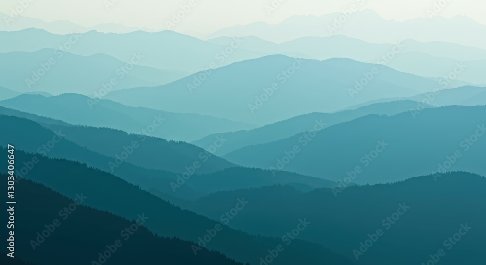 Misty mountain ranges, layered blue-green hills, atmospheric perspective, hazy horizon, rolling landscape, tranquil nature scene, soft gradient colors, distant peaks, ethereal morning light, minimalis Misty mountain ranges, layered blue-green hills, atmospheric perspective, hazy horizon, rolling landscape, tranquil nature scene, soft gradient colors, distant peaks, ethereal morning light, minimalis