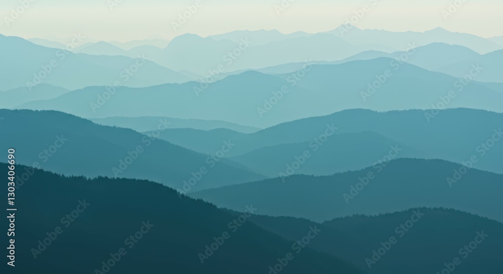 Fototapeta premium Misty mountain ranges, layered blue-green hills, atmospheric perspective, hazy horizon, rolling landscape, tranquil nature scene, soft gradient colors, distant peaks, ethereal morning light, minimalis