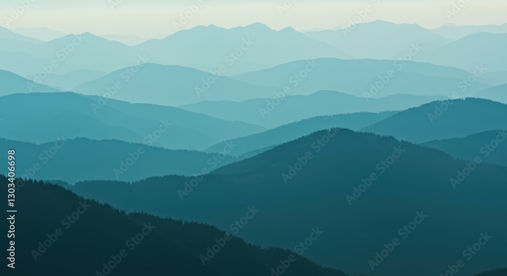 Misty mountain ranges, layered blue-green hills, atmospheric perspective, hazy horizon, rolling landscape, tranquil nature scene, soft gradient colors, distant peaks, ethereal morning light, minimalis Misty mountain ranges, layered blue-green hills, atmospheric perspective, hazy horizon, rolling landscape, tranquil nature scene, soft gradient colors, distant peaks, ethereal morning light, minimalis