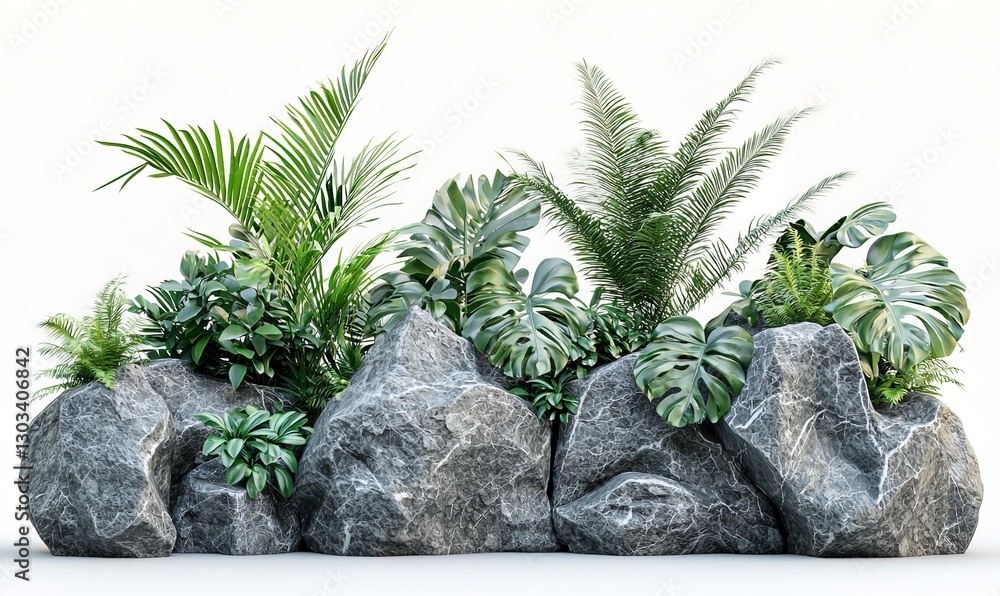 Lush Greenery Among Marble Rocks in a Tropical Rock Garden Lush Greenery Among Marble Rocks in a Tropical Rock Garden