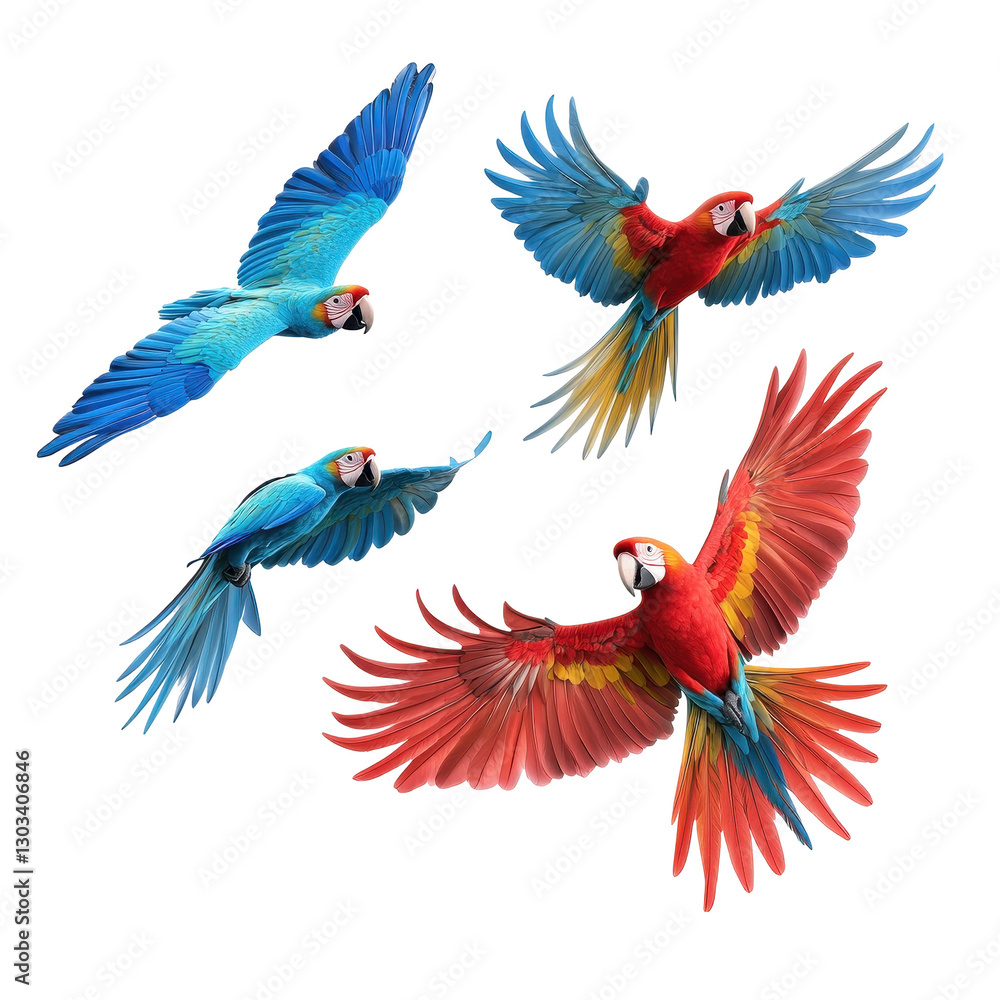 Fototapeta premium Vibrant macaws in flight showcasing their stunning plumage and graceful movements. transparent background