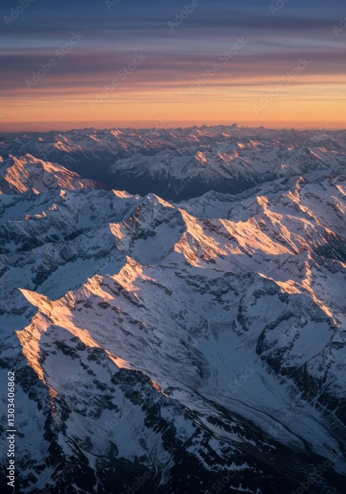 Obraz premium A glorious sunrise over a majestic snow-covered mountain range, seen from the sky.