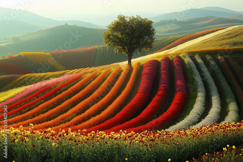 a painting of a field of flowers with hills in the background and trees in the distance, painted with acrylic paint
