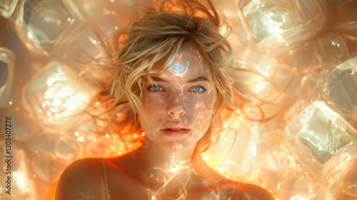 Mystical Woman with Glowing Third Eye and Light Energy  
