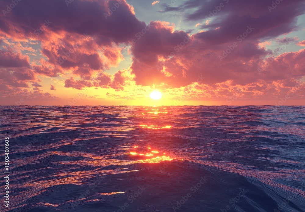 Fototapeta premium Beautiful sunset over the tranquil ocean, vibrant clouds reflecting on the calm water surface, capturing the serene moment of nature’s beauty