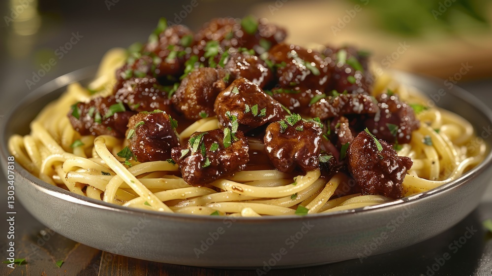 Delicious pasta with browned meat dish on plate, dark background Delicious pasta with browned meat dish on plate, dark background