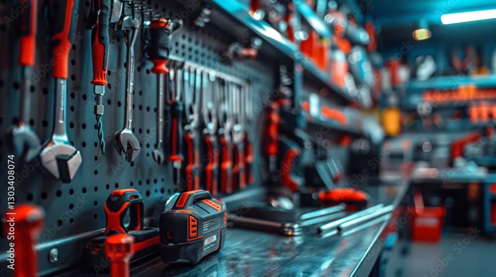 Fototapeta premium A modern assembly line workstation with a sleek metal table holding new tools like a shiny screwdriver and a digital torque wrench.