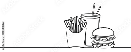 Burger, soda and french fries takeout food in continuous line art drawing style. Fast food minimalist black linear sketch isolated on white background. Vector illustration