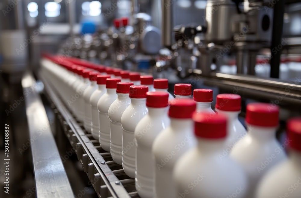 Obraz premium Bottles of Dairy Products on Production Line in Factory Setting with Red Caps Under Bright Lights, Symbolizing Quality and Freshness in Food Industry