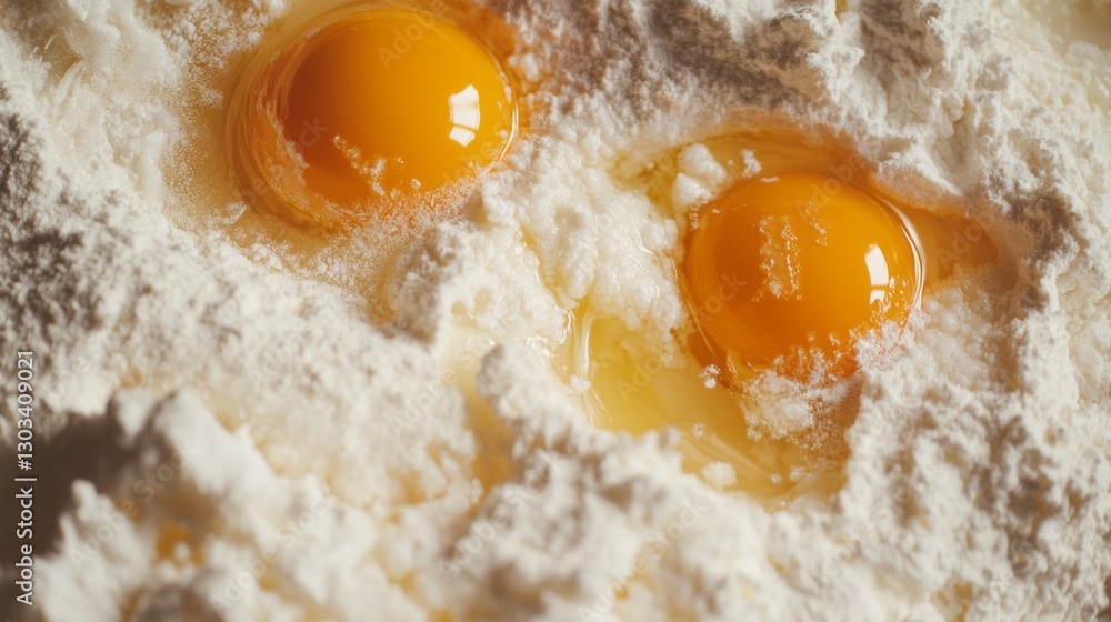Two bright yellow yolks rest upon a mound of flour, waiting to be blended into a rich dough. The kitchen is filled with anticipation as the ingredients are prepared for baking delicious treats Two bright yellow yolks rest upon a mound of flour, waiting to be blended into a rich dough. The kitchen is filled with anticipation as the ingredients are prepared for baking delicious treats