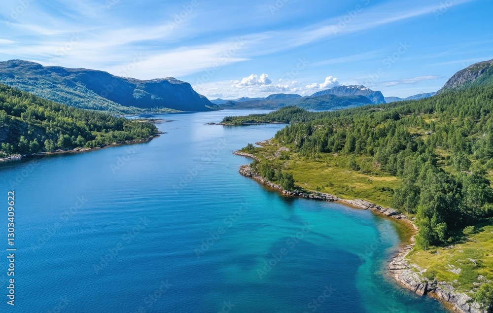 Naklejka premium Breathtaking aerial view of serene lake surrounded by lush forests and majestic mountains under bright blue sky in a tranquil natural landscape