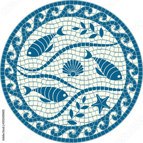 Elegant marine-themed mosaic featuring fish, seashells, and ocean waves in a dark blue color. Ideal for interior decor, ceramic tile designs, branding, and textile patterns