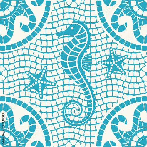 Intricate seamless marine mosaic pattern featuring a light blue seahorse, starfish, and abstract oceanic elements. For textile design, cramic tiles, wallpaper, packaging, branding, and decorative proj