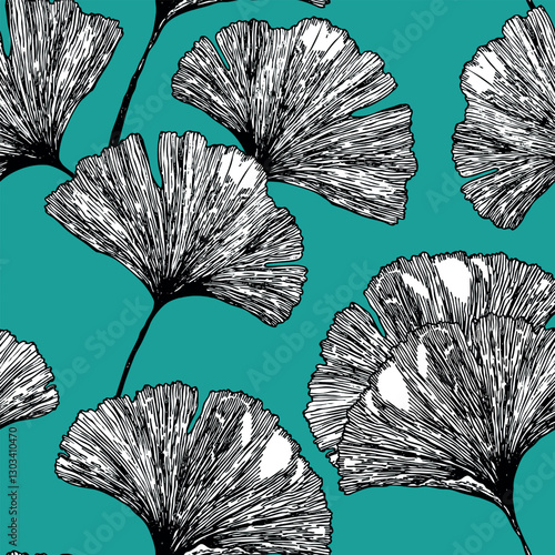Seamless floral pattern with ginkgo biloba leaves. Art flowers on color background. Decorative sceleton leaf. Vector hand drawn illustration. Minimal linear style.