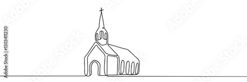 continuous line of churches. one line drawing of church,christian religious place of worship.line art of church isolated white background