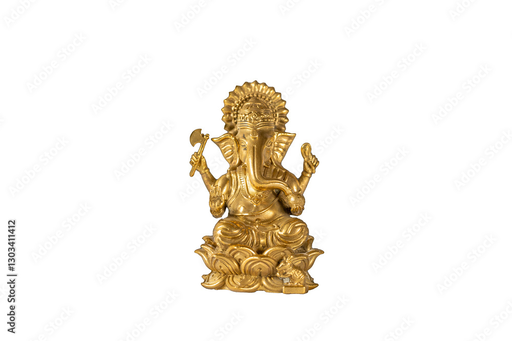 Golden figurine of the Indian god Ganesh also known as Ganpati or Vinayaka. Symbol of wisdom, abundance and the ability to remove obstacles and problems. Transparent background