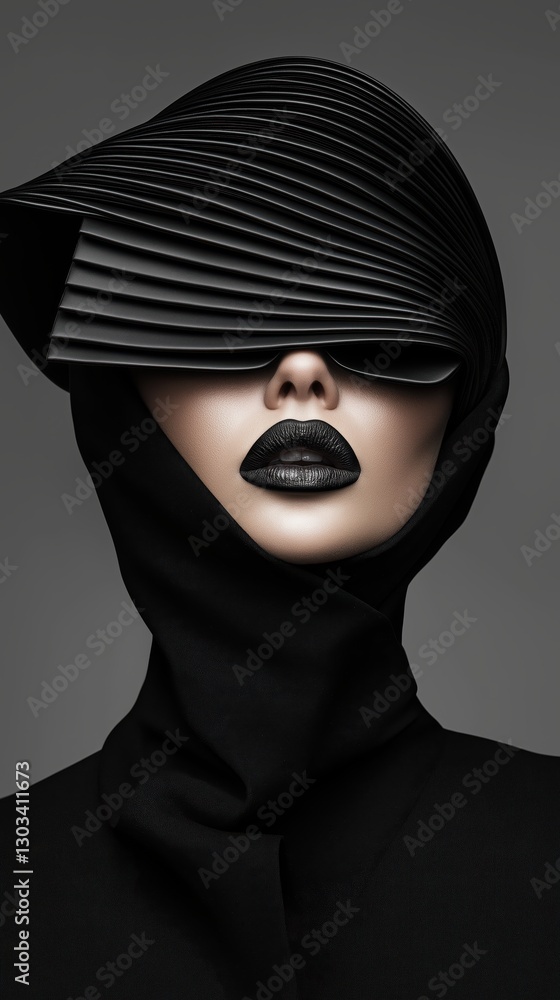 Striking fashion portrait of a woman in a uniquely folded hat and bold black lipstick, showcasing innovative style and artistry Striking fashion portrait of a woman in a uniquely folded hat and bold black lipstick, showcasing innovative style and artistry