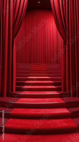 Staircase leading to a red velvet curtain stage in an elegant theater setting