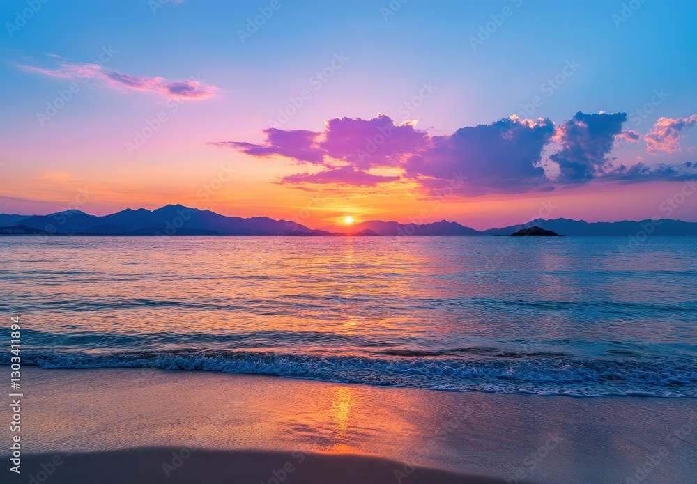 Breathtaking Sunset Over Calm Ocean Waves with Vibrant Colors and Silhouetted Mountains in the Background on a Serene Beach Setting Breathtaking Sunset Over Calm Ocean Waves with Vibrant Colors and Silhouetted Mountains in the Background on a Serene Beach Setting