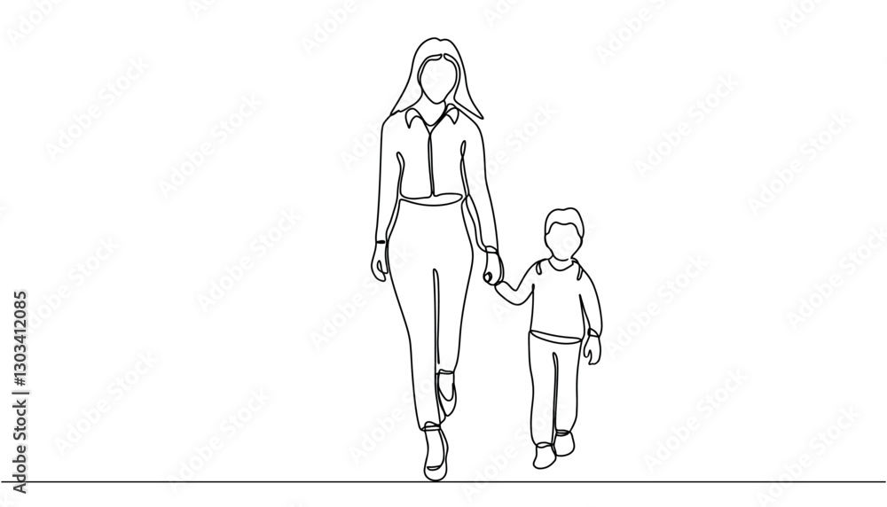 Mother with her child son walking away. Continuous line drawing. Black and white vector illustration in line art style. Mother with her child son walking away. Continuous line drawing. Black and white vector illustration in line art style.