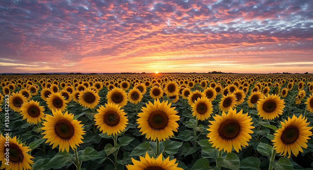 Obraz premium Sunflower Field at Sunset with Colorful Sky and Beautiful Clouds