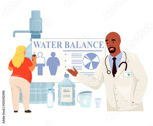 A health professional explains the concept of water balance to a patient using charts and models. The consultation occurs in a contemporary medical office with hydration materials visible.