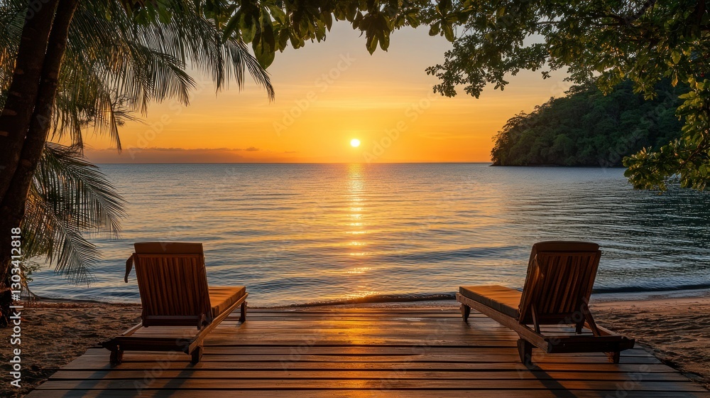 Fototapeta premium Tropical Sunset Beachfront Loungers